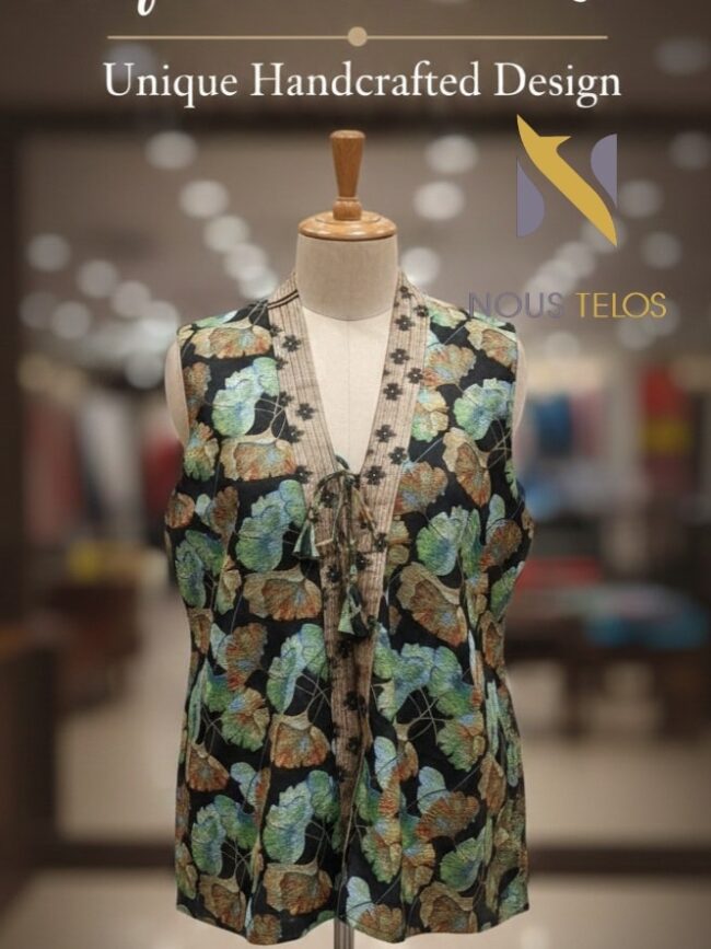 Sleeveless Black Printed silk koti for Women