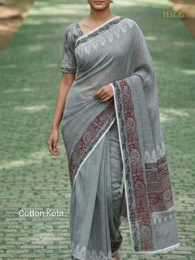 Grey Block Printed Cotton Kota Saree