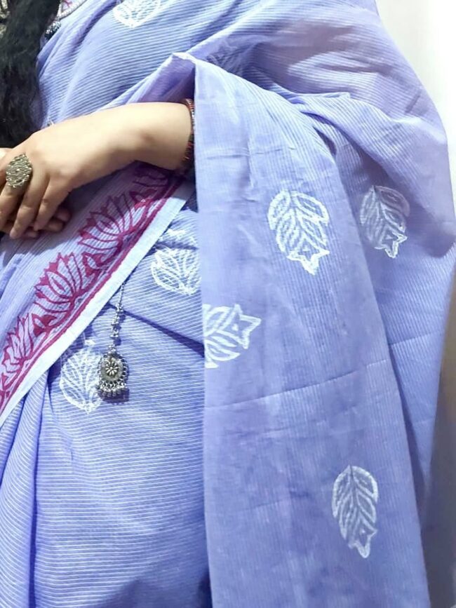 Light Purple Block Printed Cotton Kota Saree