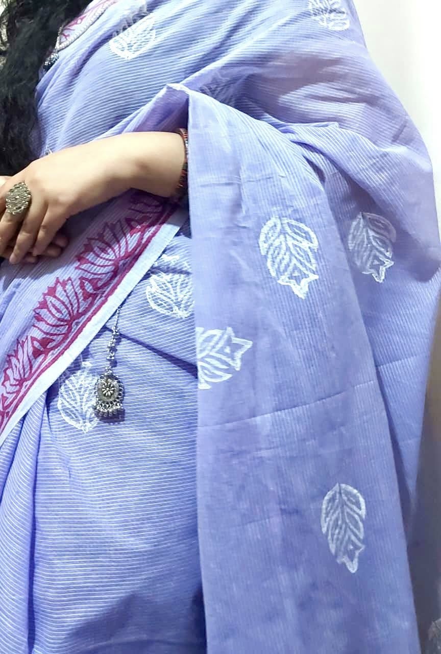Light Purple Block Printed Cotton Kota Saree