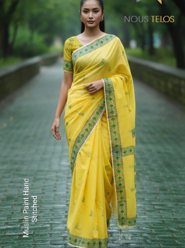 Muslin Paint hand stitched Yellow Saree