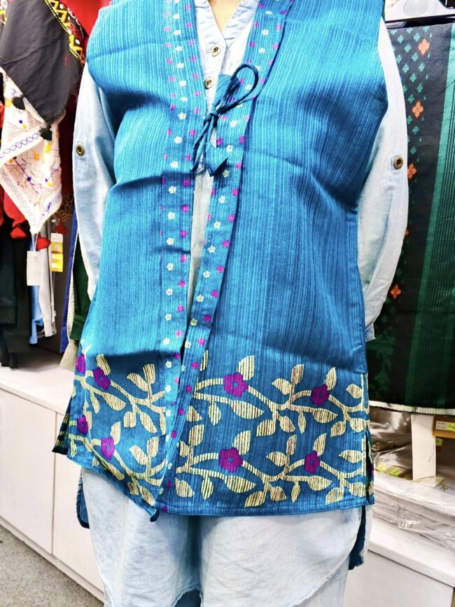 Sleeveless Blue Printed short silk koti for Women