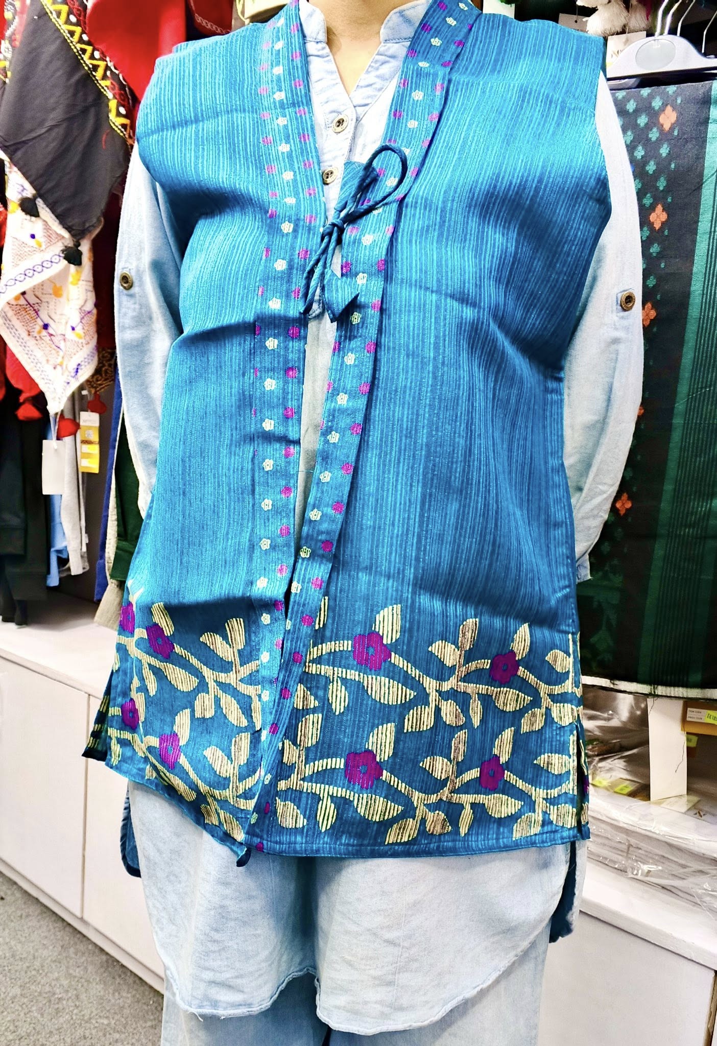 Sleeveless Blue Printed short silk koti for Women