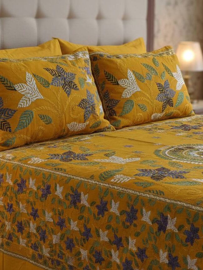 Yellow Nakshi Stitches Bed Sheet with Pillow Covers