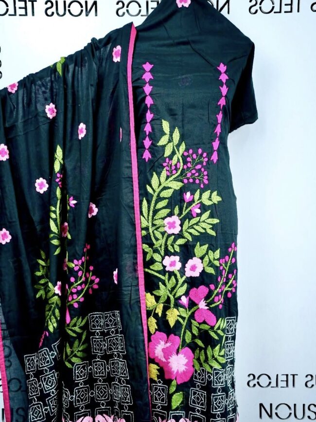 Nakshi Hand embroidered Unstitched Black Cotton 2-piece 3