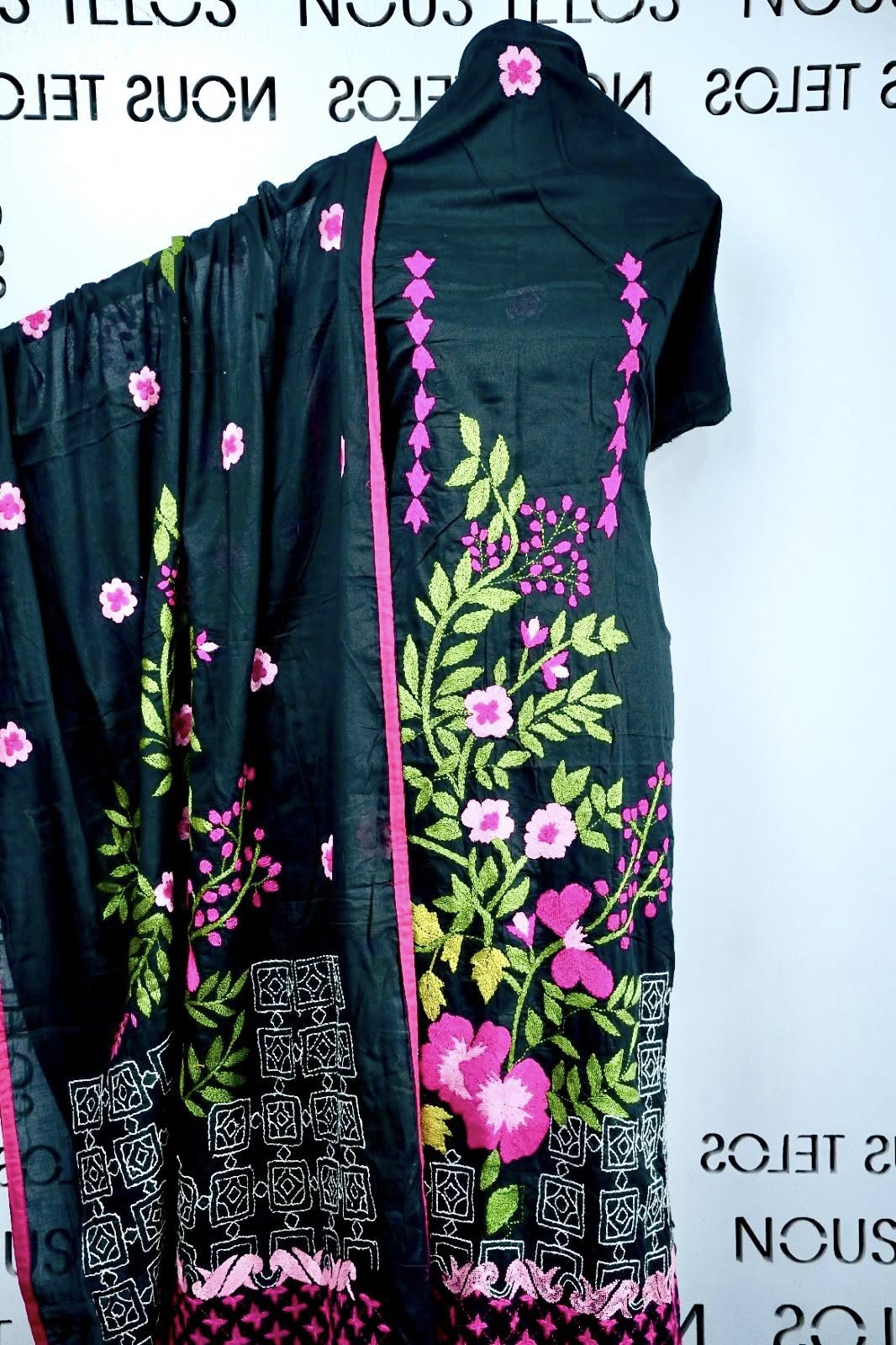 Nakshi Hand embroidered Unstitched Black Cotton 2-piece 3