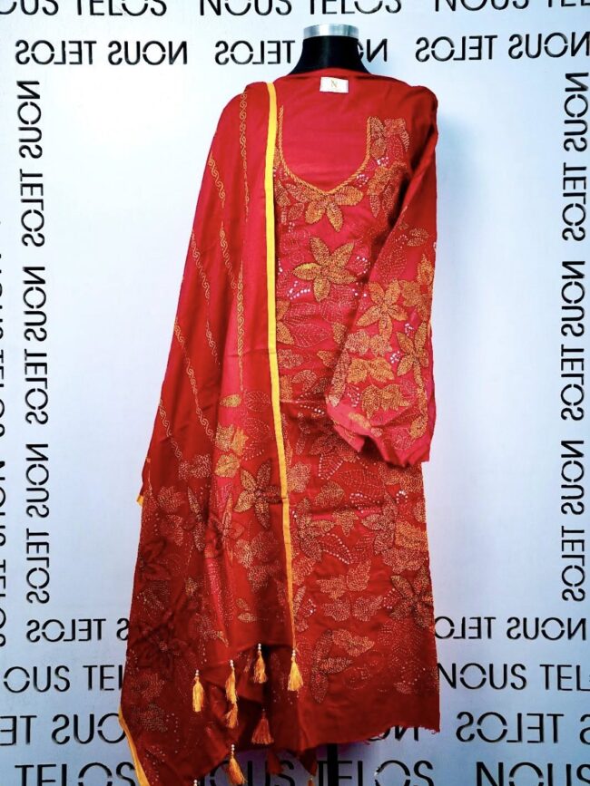 Nakshi Hand embroidered Unstitched Red Cotton 2-piece 4