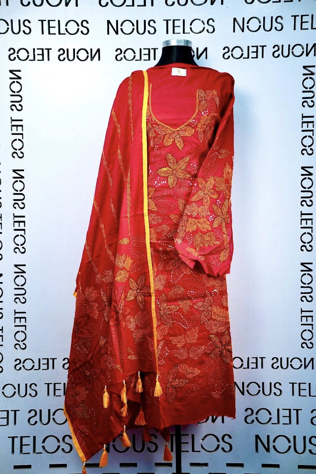 Nakshi Hand embroidered Unstitched Red Cotton 2-piece 4