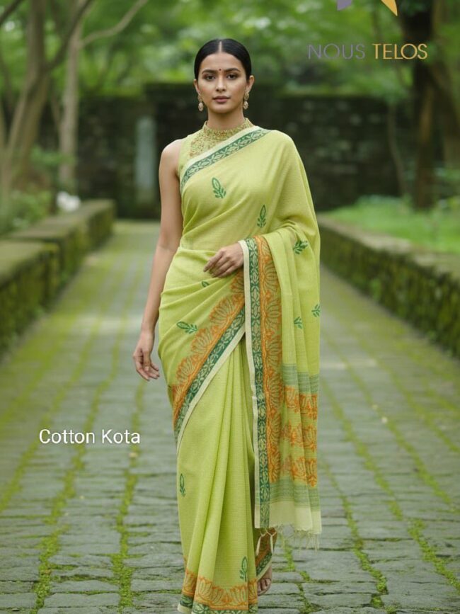 Yellow Block Printed Cotton Kota Saree