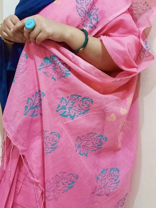 Pink Block Printed Cotton Kota Saree