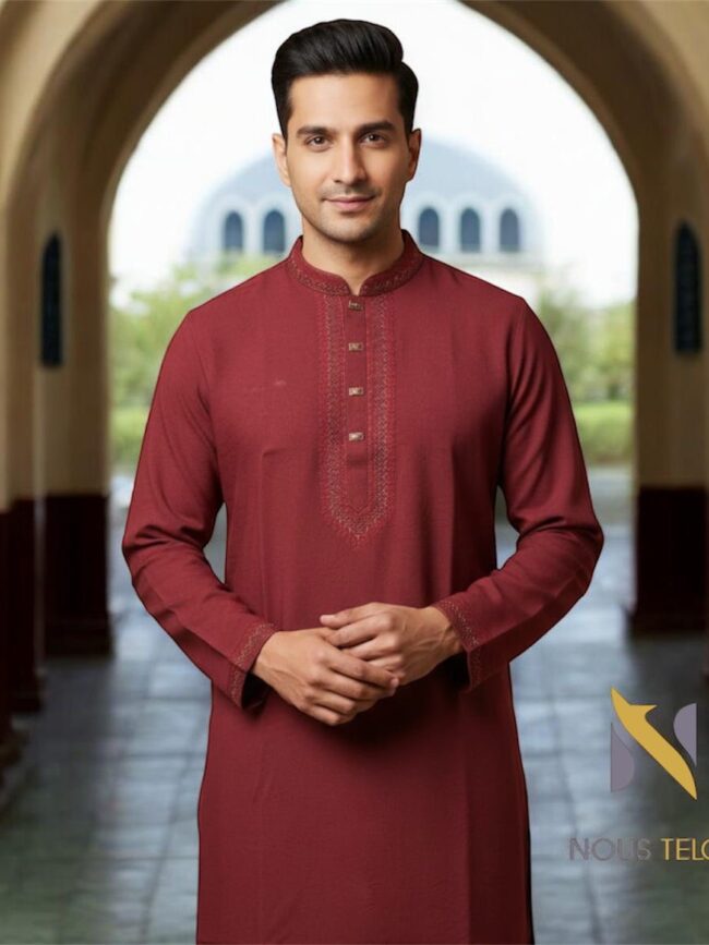 Maroon Embroidered Cotton Panjabi 1