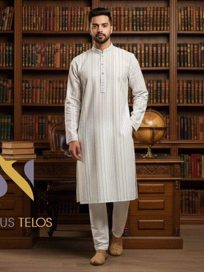 White Embroidered Striped Cotton Panjabi 11