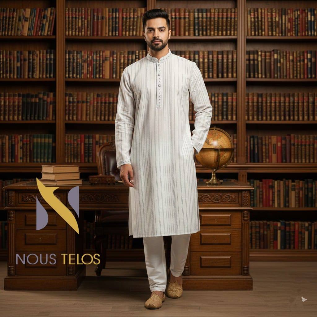 White Embroidered Striped Cotton Panjabi 11