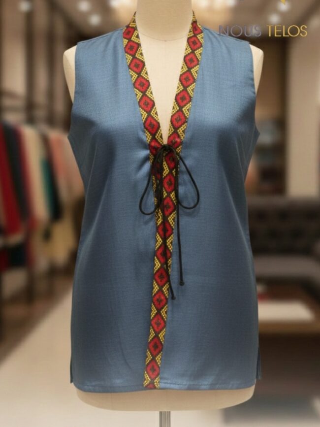 Sleeveless Grey Printed short silk koti for Women