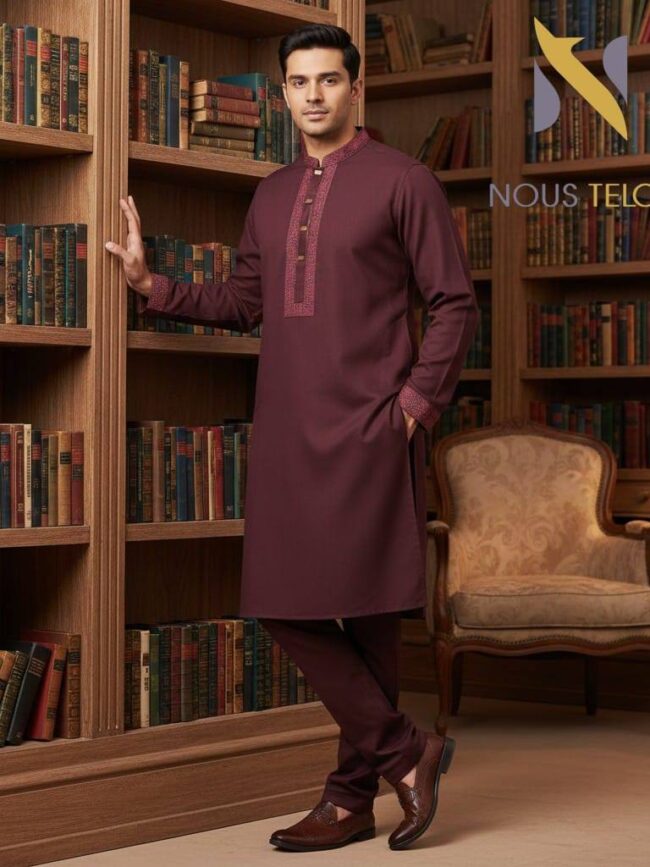 Maroon Embroidered Cotton Panjabi 12