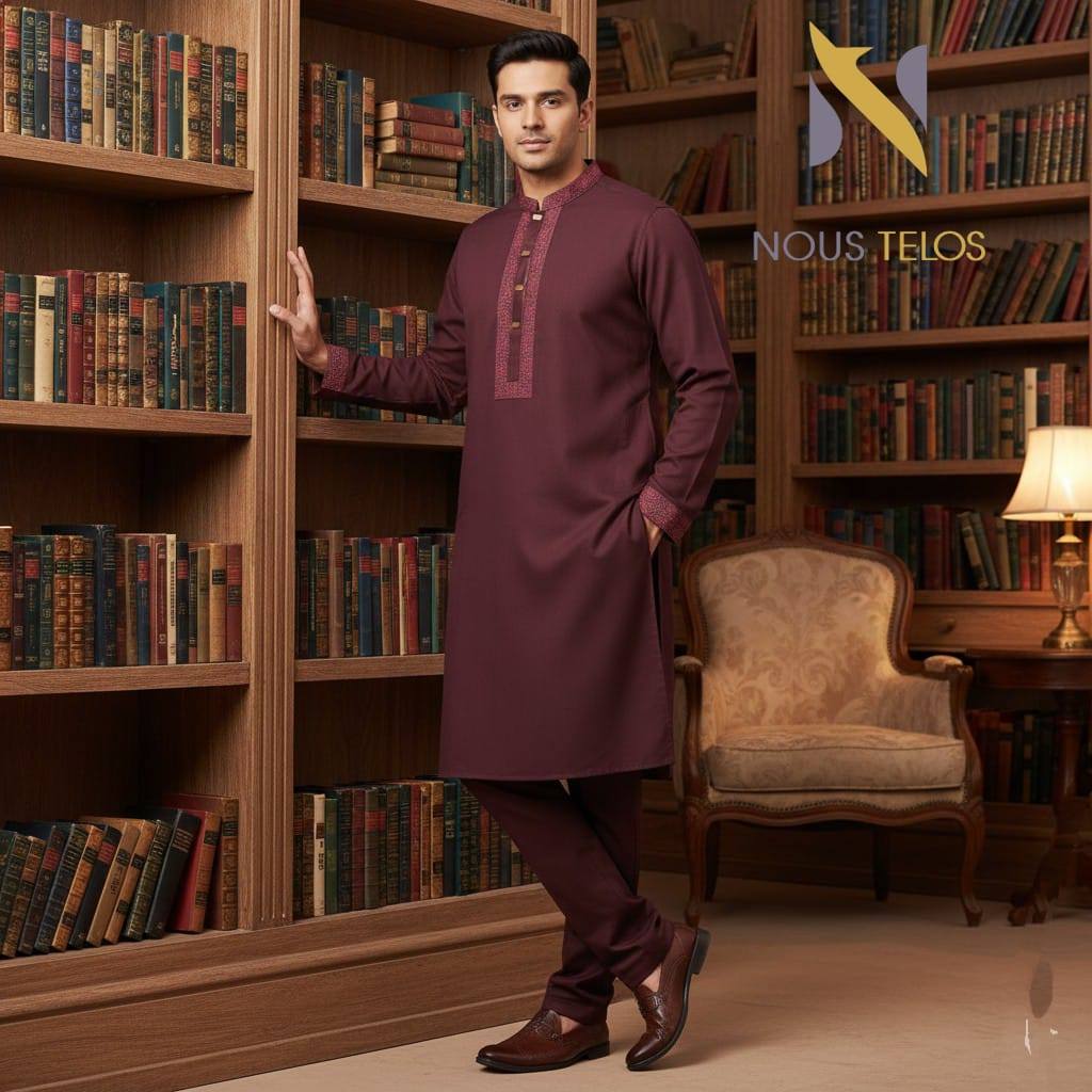 Maroon Embroidered Cotton Panjabi 12
