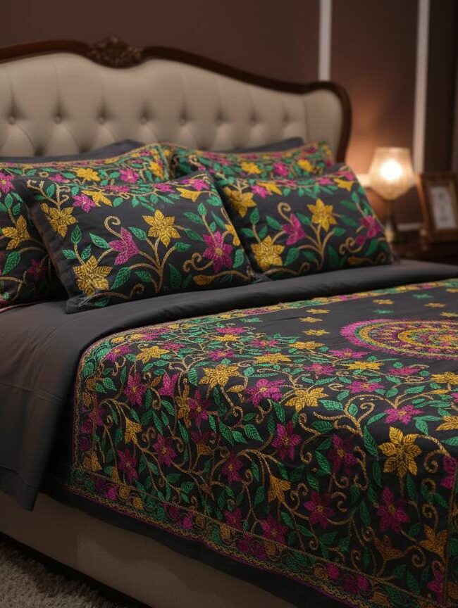 Black Nakshi Stitches Bed Sheet with Pillow Covers