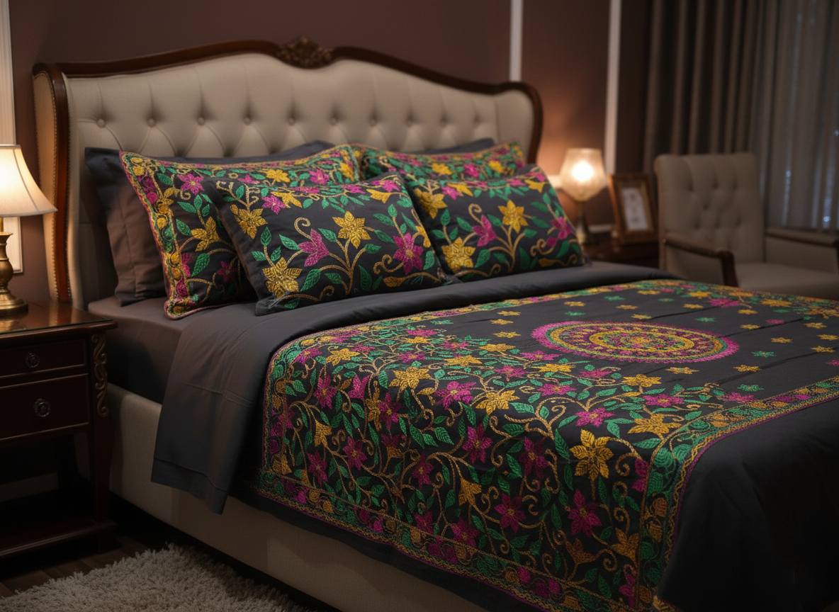 Black Nakshi Stitches Bed Sheet with Pillow Covers