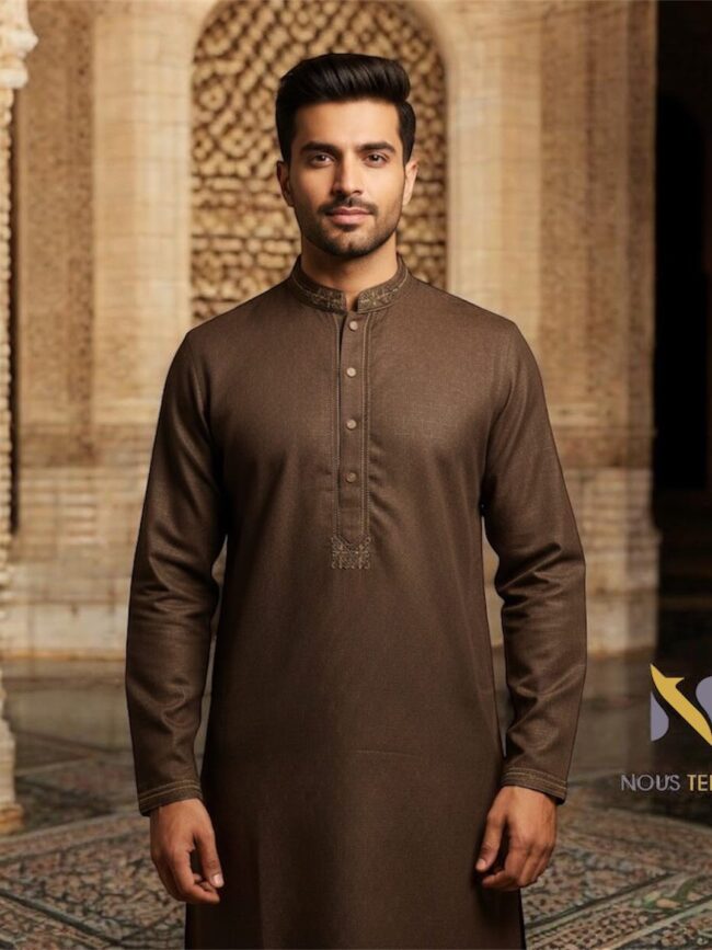 Dark Brown Embroidered Cotton Panjabi 5