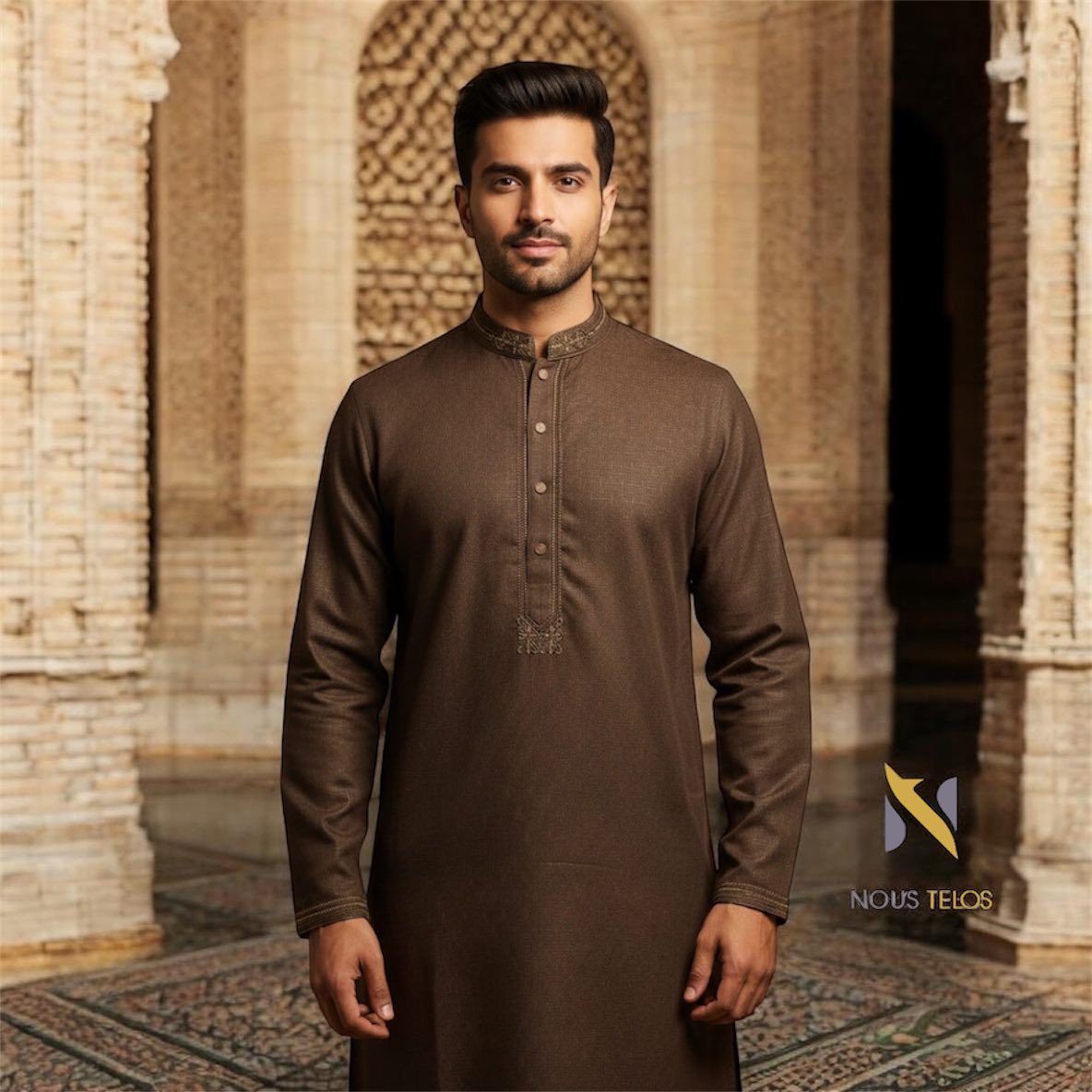 Dark Brown Embroidered Cotton Panjabi 5