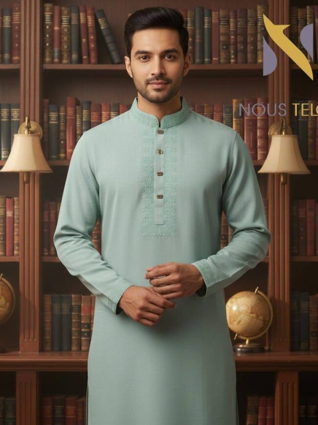 Light Green Embroidered Cotton Panjabi 13