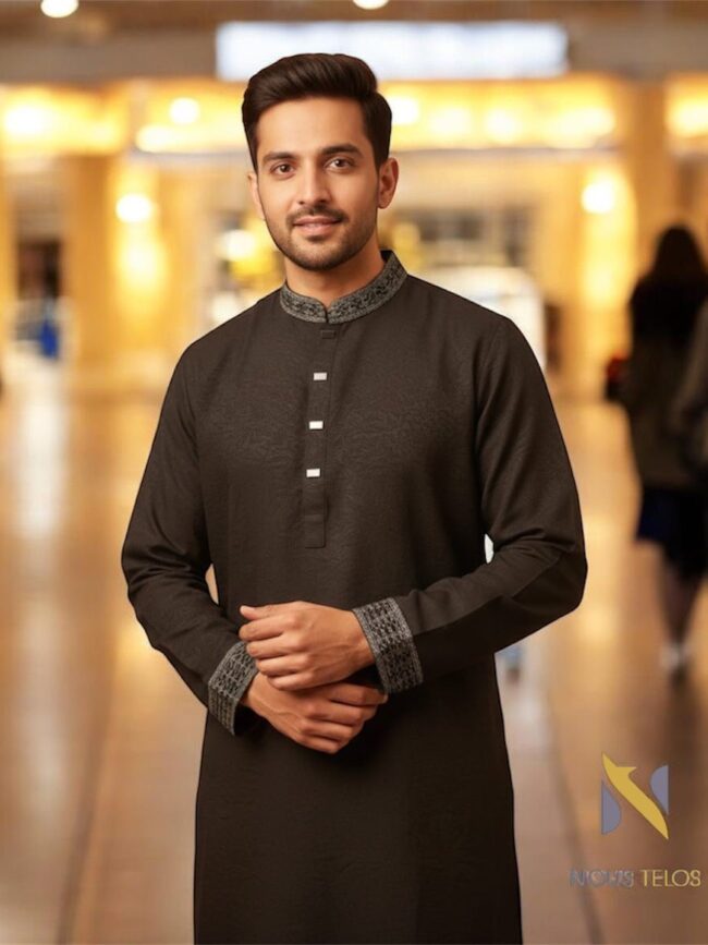 Dark Chocolate Embroidered Cotton Panjabi 7