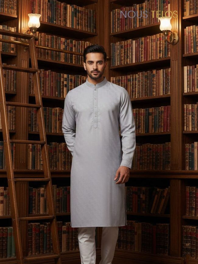 Light Grey Embroidered Silk Panjabi 26