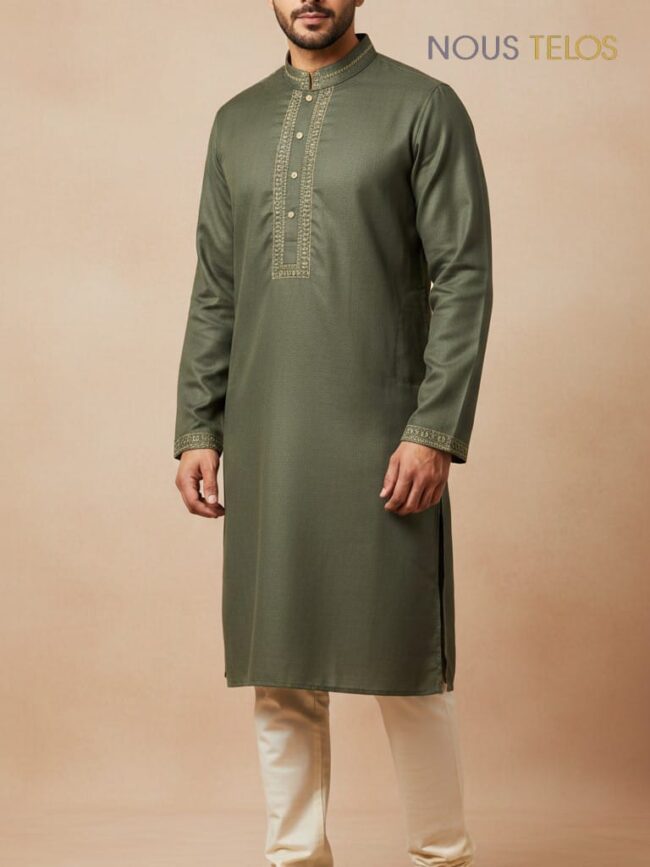 Dark Green Embroidered Silk Panjabi 21