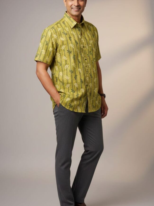 Printed Olive Color Cotton Shirt for Men