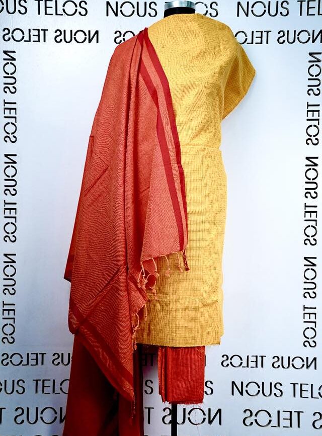 Red with Yellow Cotton Shalwar Kameez Fabric Set