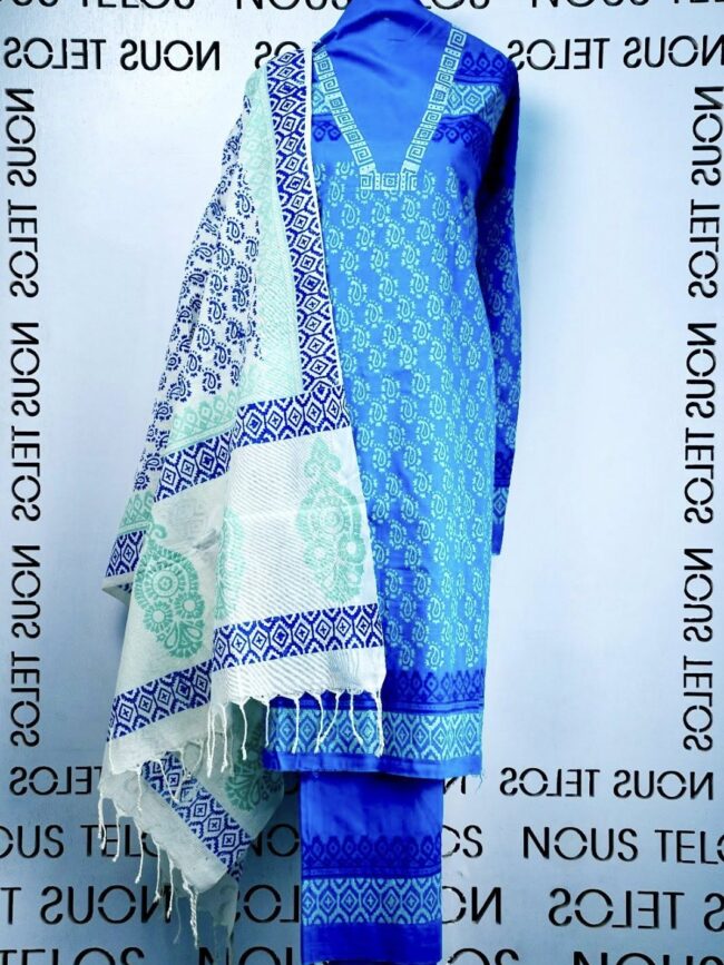 Printed Blue Cotton Shalwar Kameez Fabric Set