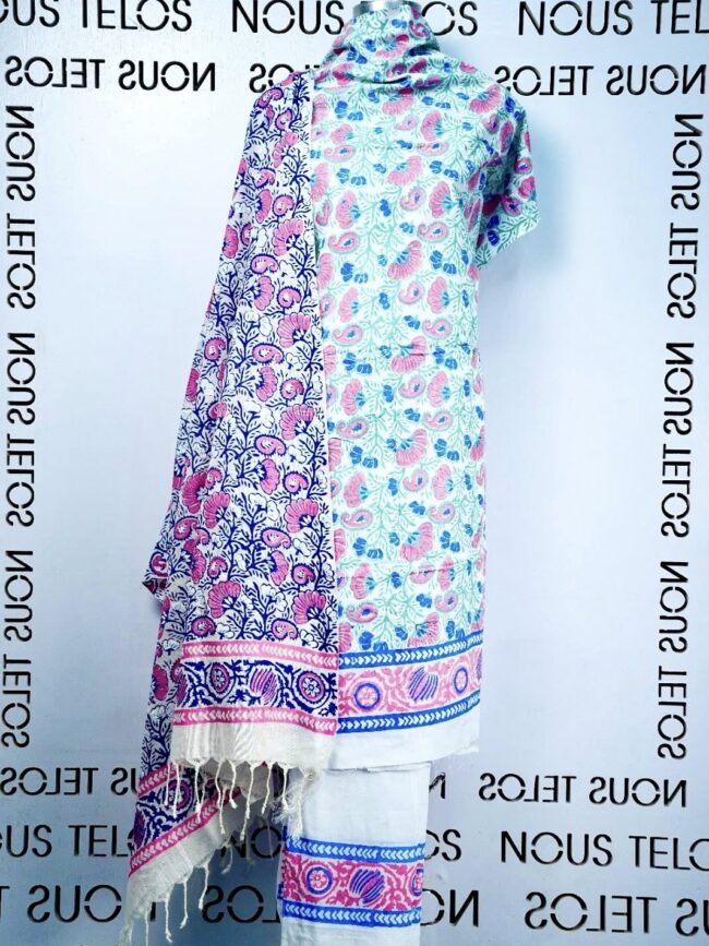 Printed White Cotton Shalwar Kameez Fabric Set