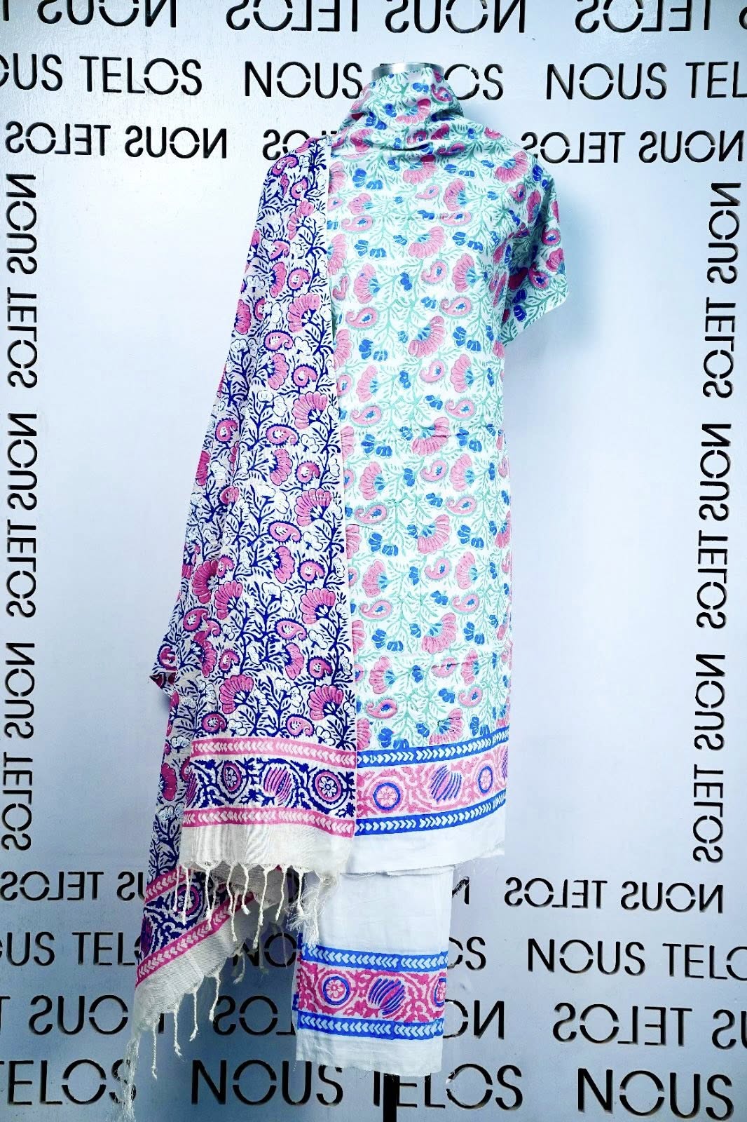 Printed White Cotton Shalwar Kameez Fabric Set