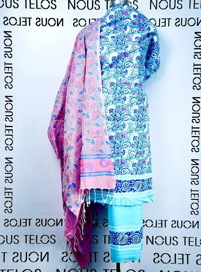 Printed Pink & Feroza Cotton Shalwar Kameez Fabric Set