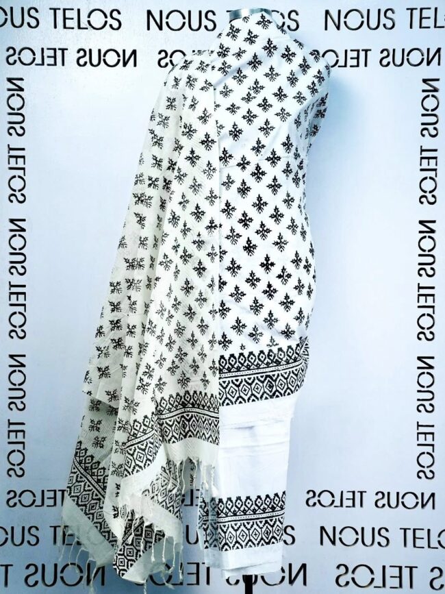 Printed White with Black Cotton Shalwar Kameez Fabric Set