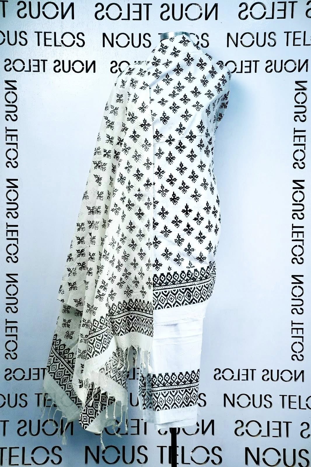 Printed White with Black Cotton Shalwar Kameez Fabric Set