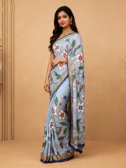 Light Blue hand Painted Saree