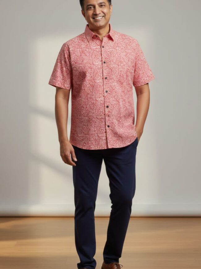 Printed Red Cotton Shirt for Men
