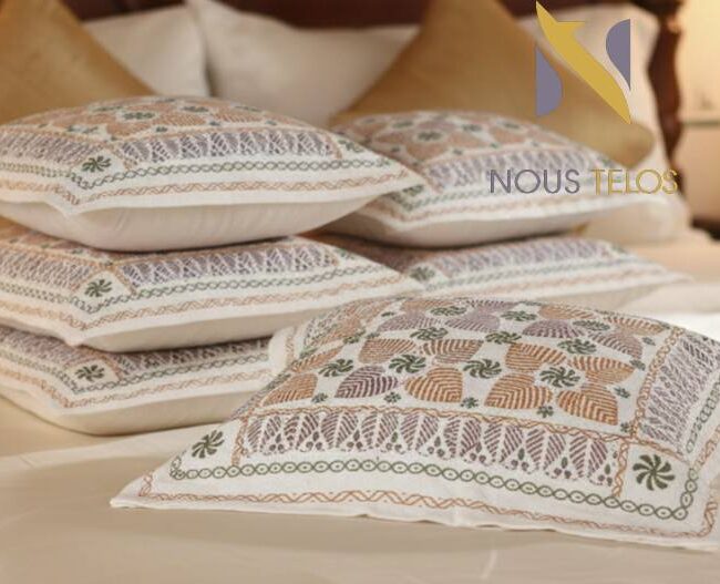 Nakshi Hand stitch White cushion cover