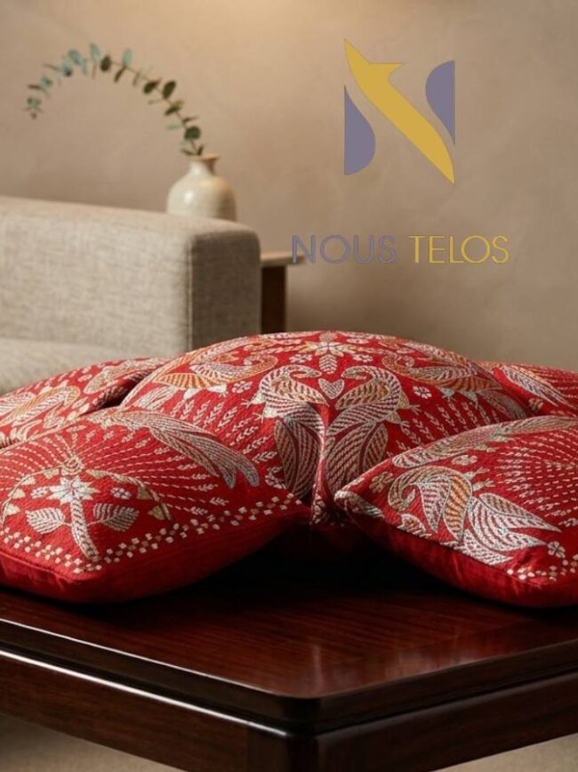 Nakshi Hand stitch Red cushion cover 3