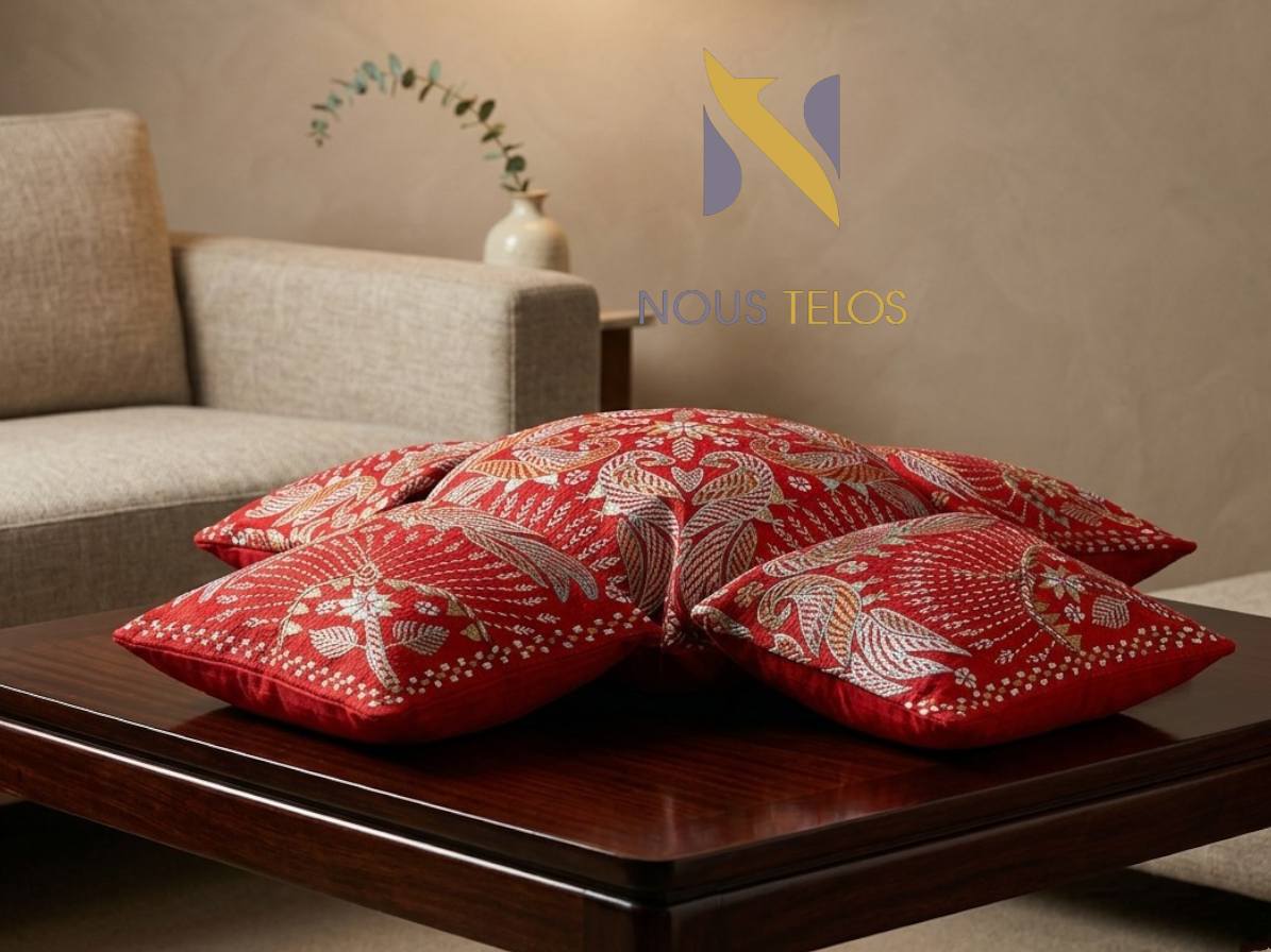 Nakshi Hand stitch Red cushion cover 3